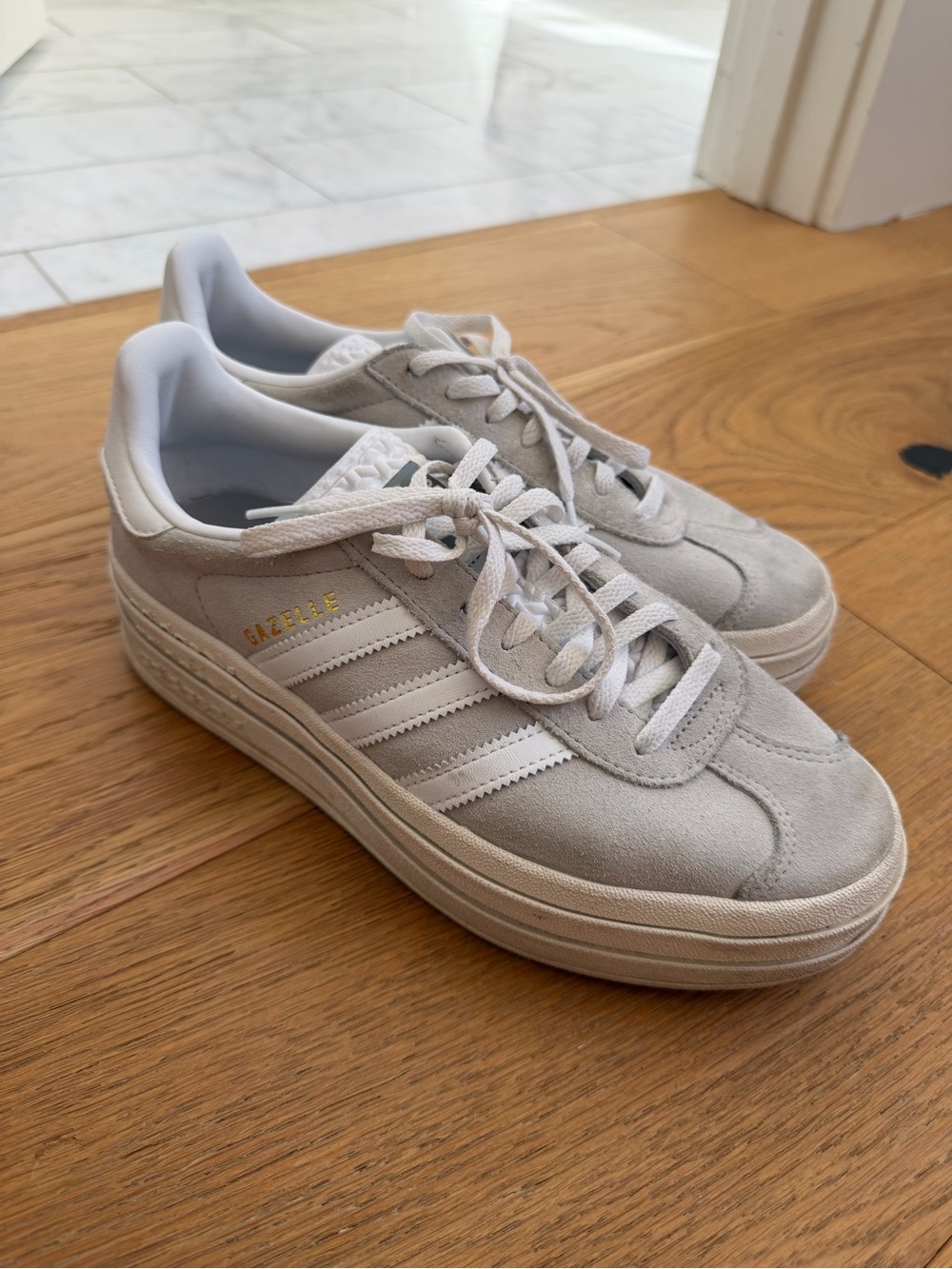 adidas Gazelle Platform Sneakers in Light Gray and White